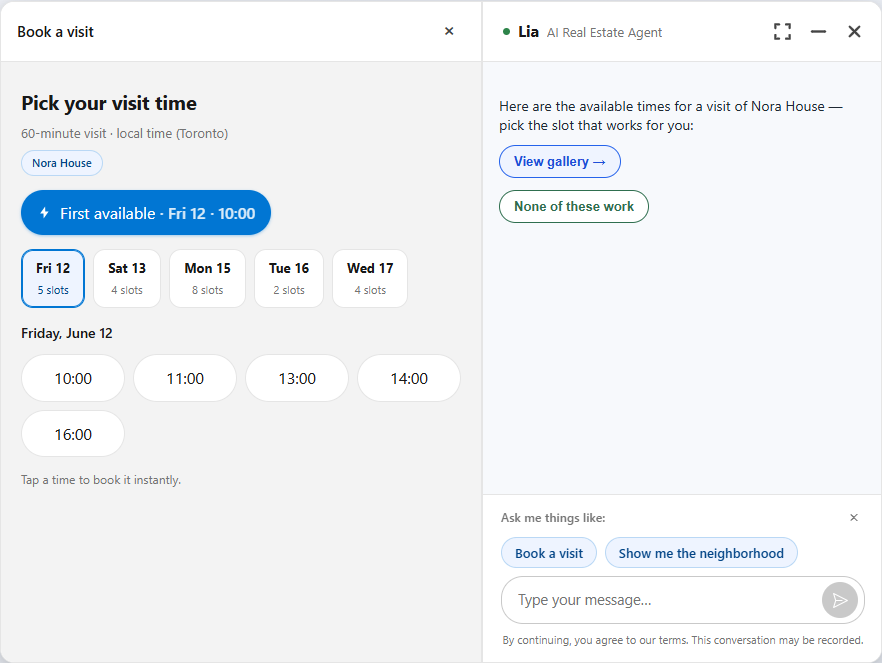 Lead created and visit booked with the live slot picker