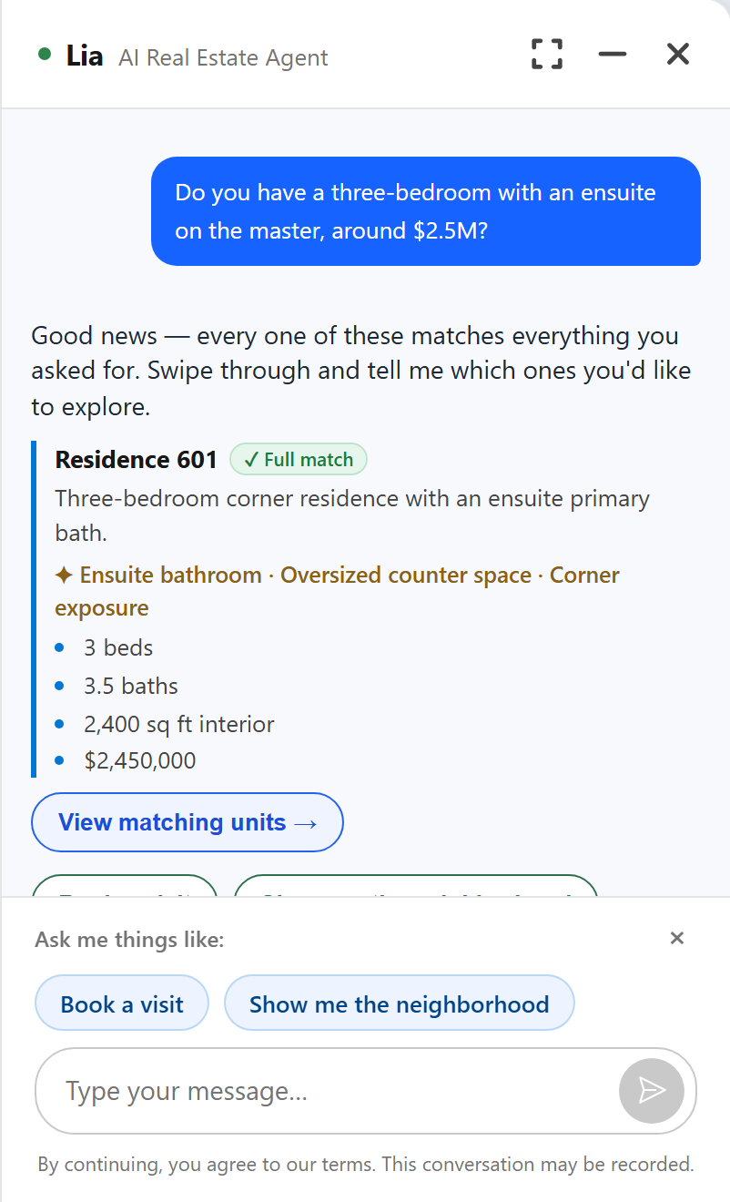 The real widget: a full-match answer — Residence 601 matches every criterion of the three-bedroom ensuite question
