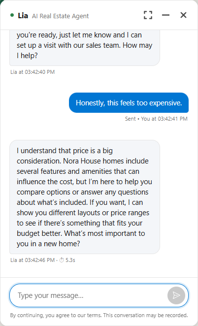 Live capture: the agent handling the objection 'this feels too expensive' — acknowledging, reframing to value, and redirecting with a question