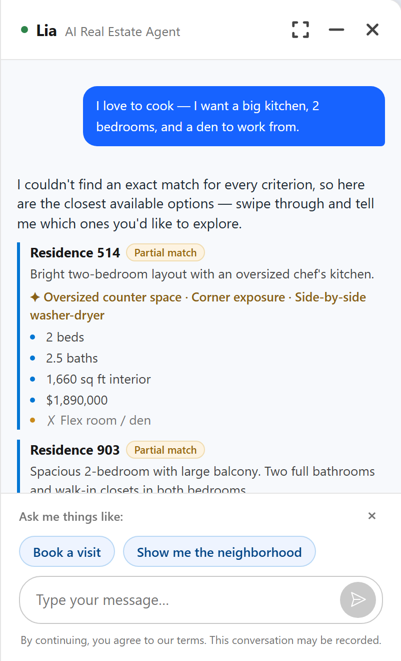 The real widget: partial matches — Residences 514 and 903 with missing features flagged honestly