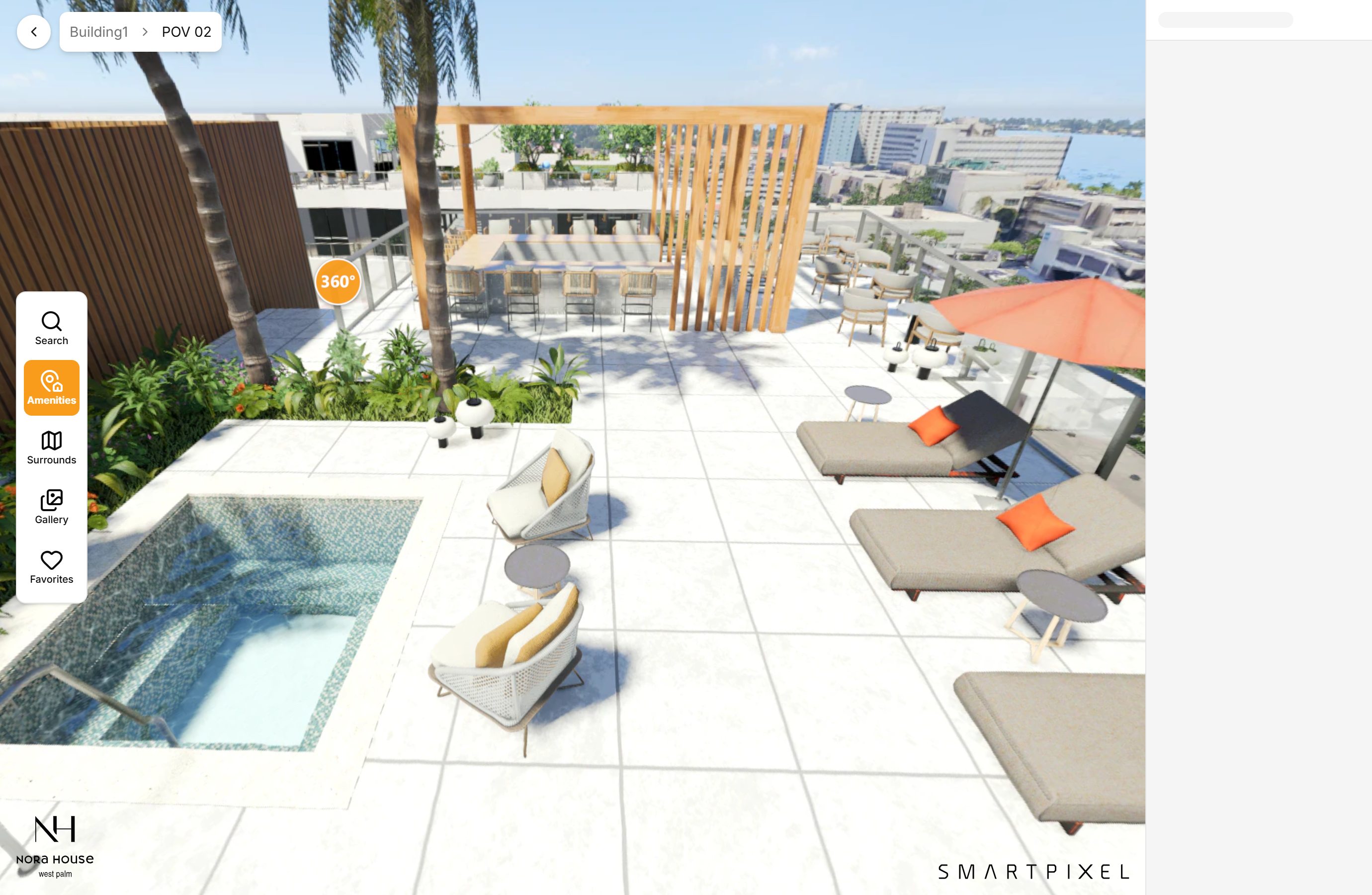 Standing on the Condo Development pool deck inside the SmartPixel twin — plunge pool, loungers, pergola dining, and downtown the Condo Location beyond